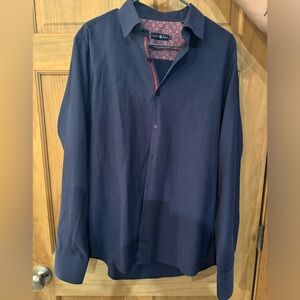 Navy Blue- button up collared dress shirt.